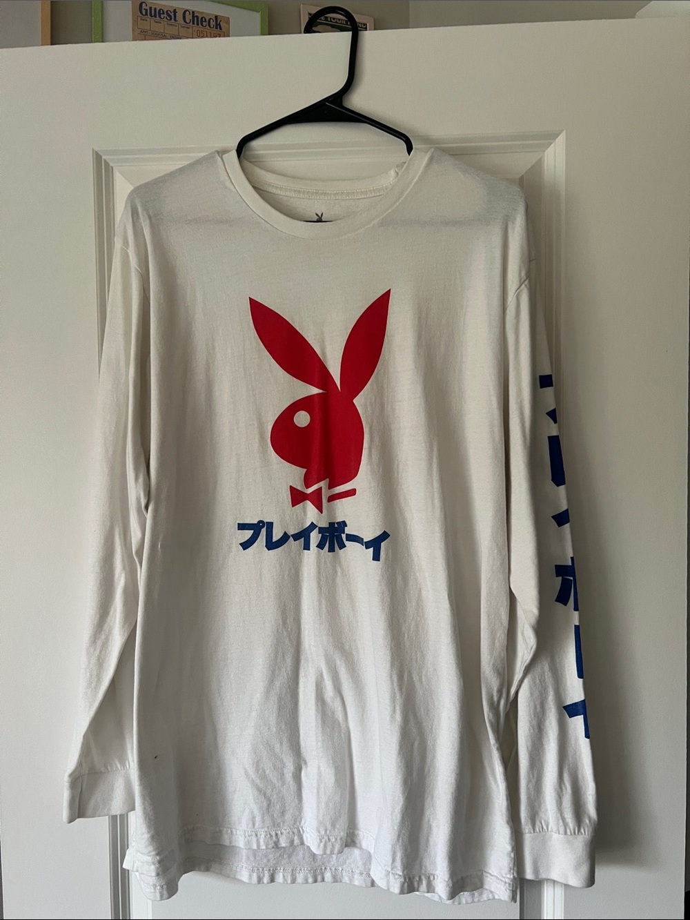 PLAYBOY White Long-Sleeve Tee with Red Bunny and Blue Script